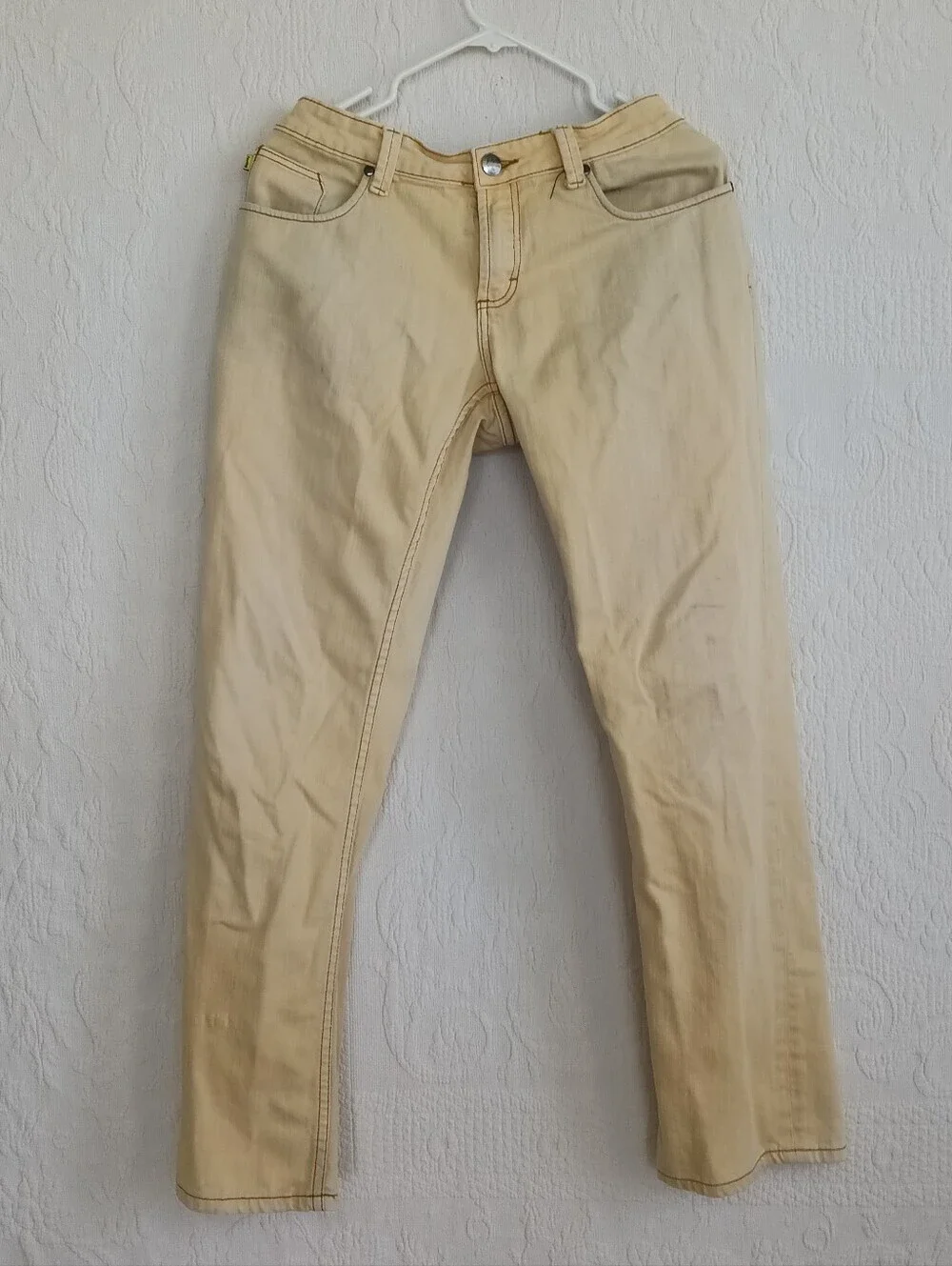 Analog Ochre Yellow Slim Straight Jeans Mid Rise Beige Tan Distressed Faded Punk